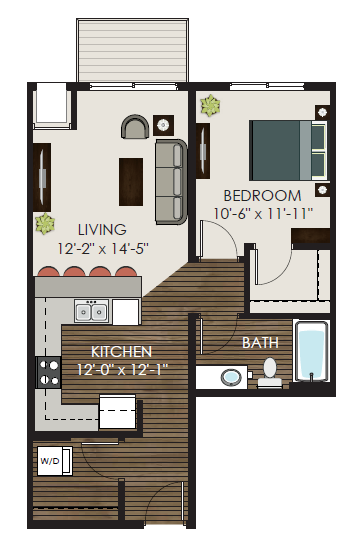 Floor plan for 1 bed, 1 bath, 719 sqft