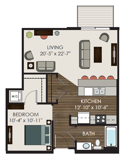 Floor plan for 1 bed, 1 bath, 733 sqft