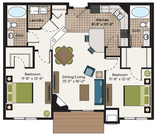 Floor plan for 2 beds, 2 baths, 1087 sqft
