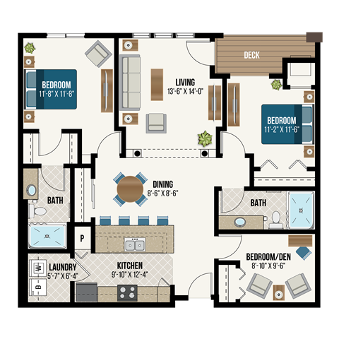 Floor plan for 3 beds, 2 baths, 1251 sqft