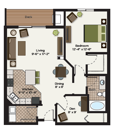Floor plan for 1 bed, 1 bath, 1055 sqft