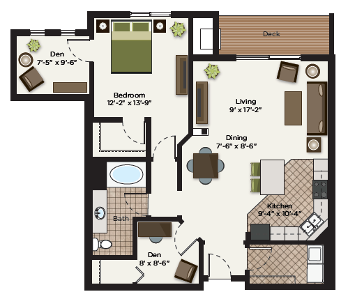Floor plan for 1 bed, 1 bath, 1121 sqft