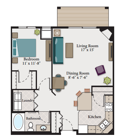 Floor plan for 1 bed, 1 bath, 865 sqft