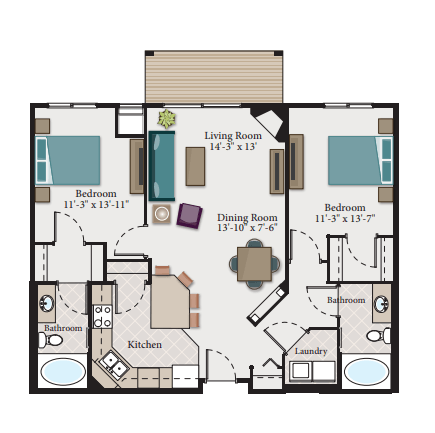 Floor plan for 2 beds, 2 baths, 1135 sqft