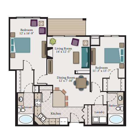 Floor plan for 2 beds, 2 baths, 1190 sqft
