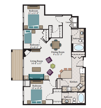 Floor plan for 3 beds, 2 baths, 1300 sqft