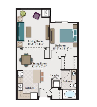 Floor plan for 1 bed, 1 bath, 785 sqft