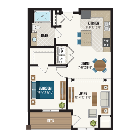 Floor plan for 1 bed, 1 bath, 762 sqft