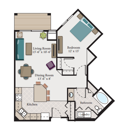 Floor plan for 1 bed, 1 bath, 860 sqft