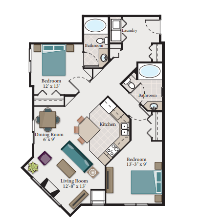Floor plan for 2 beds, 2 baths, 1073 sqft