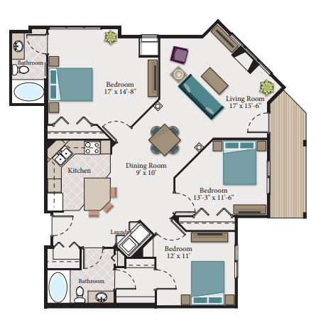 Floor plan for 3 beds, 2 baths, 1475 sqft