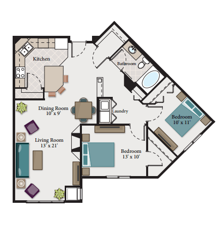 Floor plan for 2 beds, 1 bath, 1112 sqft