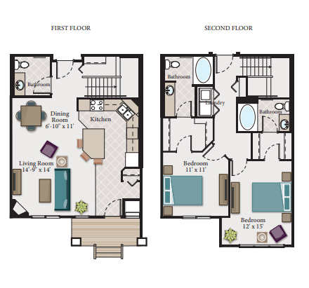 Floor plan for 2 beds, 2.5 baths, 1515 sqft