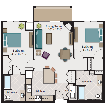 Floor plan for 2 beds, 2 baths, 1135 sqft