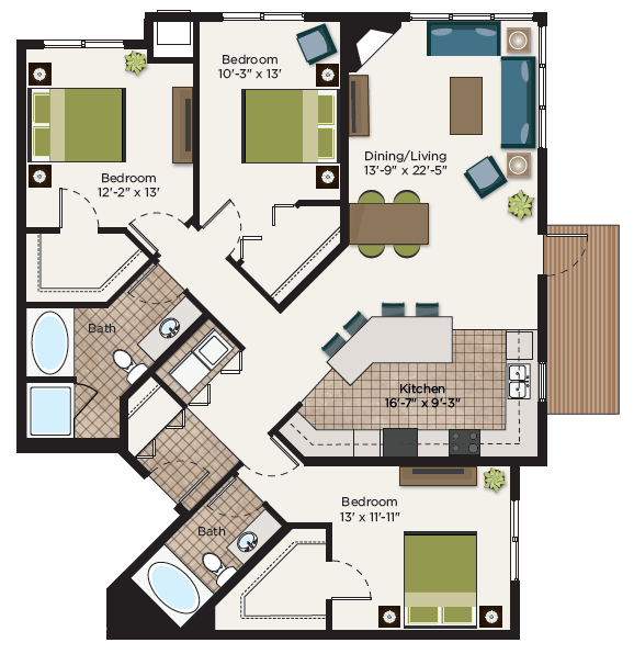 Floor plan for 3 beds, 2 baths, 1532 sqft