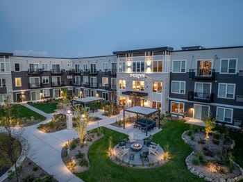 Courtyard with fire pit and covered seating areas