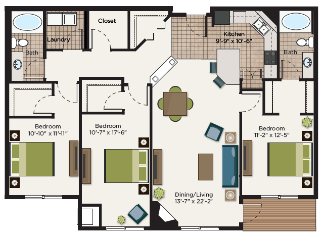 Floor plan for 3 beds, 2 baths, 1568 sqft