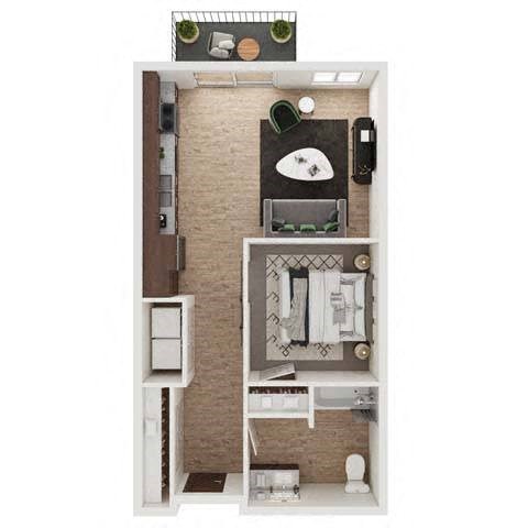 Floor plan for 1 bed, 1 bath, 651 sqft