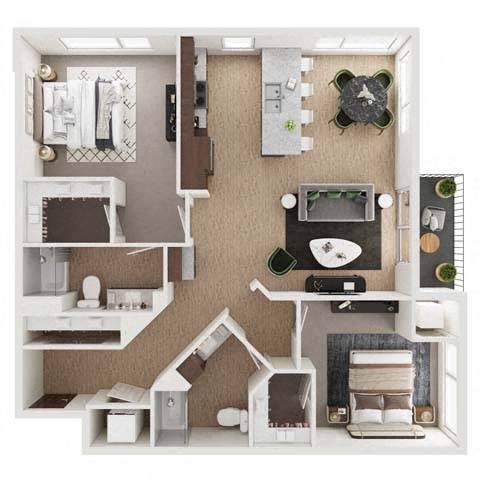 Floor plan for 2 beds, 2 baths, 1234 sqft