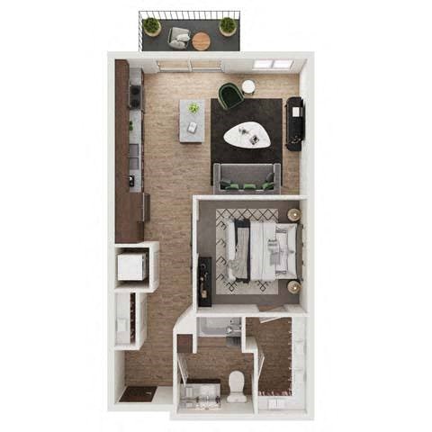 Floor plan for 1 bed, 1 bath, 651 sqft