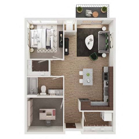 Floor plan for 1 bed, 1 bath, 874 sqft