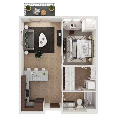 Floor plan for 1 bed, 1 bath, 711 sqft