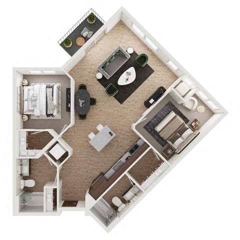 Floor plan for 2 beds, 2 baths, 1169 sqft