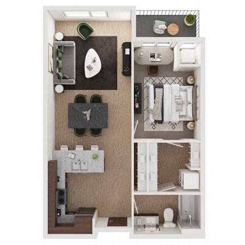 Floor plan for 1 bed, 1 bath, 774 sqft