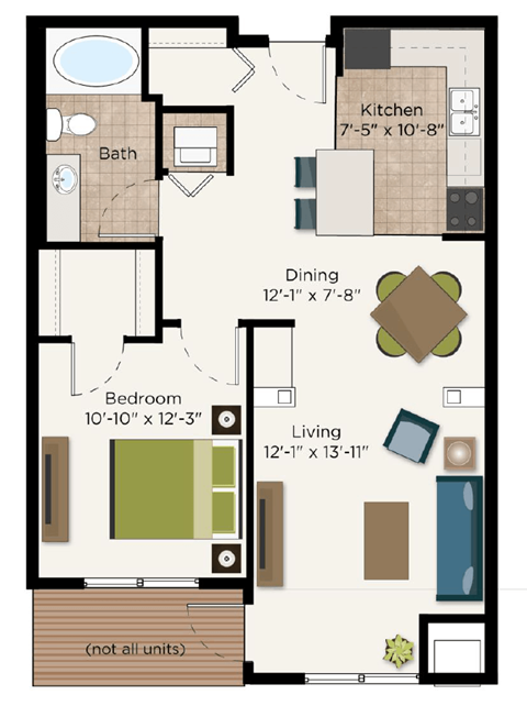 Floor plan for 1 bed, 1 bath, 762 sqft
