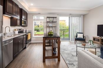 A kitchen and living room in a 555 waverly unit