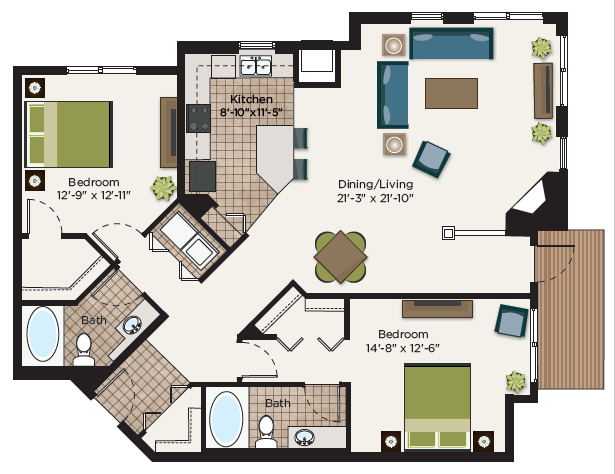Floor plan for 2 beds, 2 baths, 1374 sqft