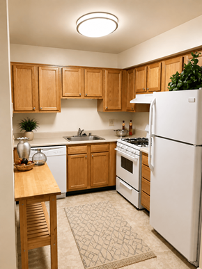 Essex townhouse for rent - A kitchen with wooden cabinets and white appliances.
