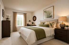 Essex apartment for rent - A bedroom with a large bed and a green throw blanket.