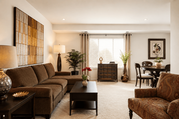 Essex apartment for rent - A living room with a brown sofa, a coffee table, and a dining table with chairs.