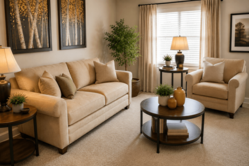 Essex apartment for rent - A living room with a beige couch, a round coffee table, and a lamp on a side table.