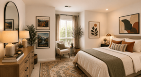 Essex apartment for rent - A bedroom with a large bed, a dresser, and a chair.