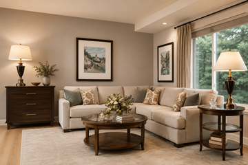 Essex apartment for rent - A living room with a beige couch, a coffee table, and a side table with a lamp.