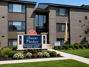Essex apartment for rent - The front of a building with a sign that says Queens Purchase.