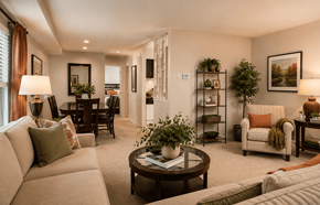 Essex apartment for rent - A well-lit living room with a beige sofa, a coffee table, and a potted plant.