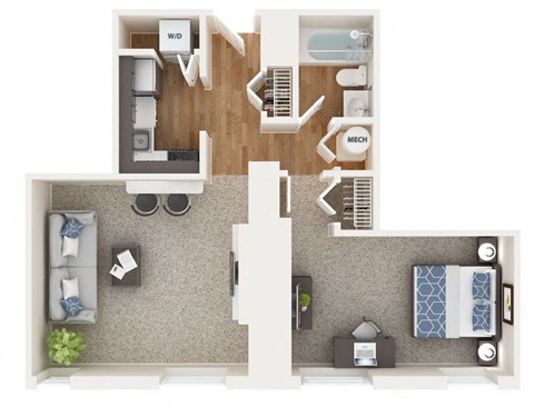Floor plan for 1 bed, 1 bath, 600 sqft