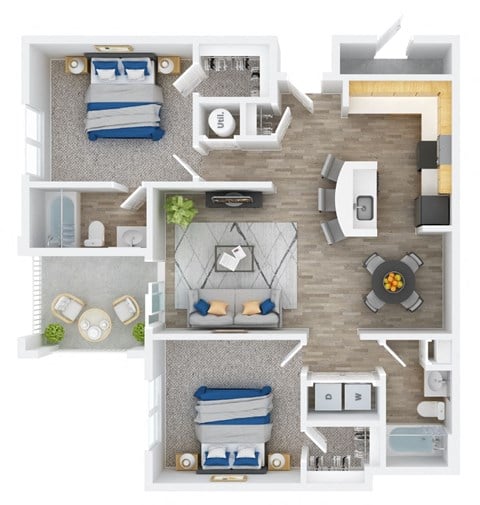 Floor plan for 2 beds, 2 baths, 1064 sqft