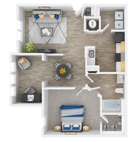 Floor plan for 1 bed, 1 bath, 833 sqft
