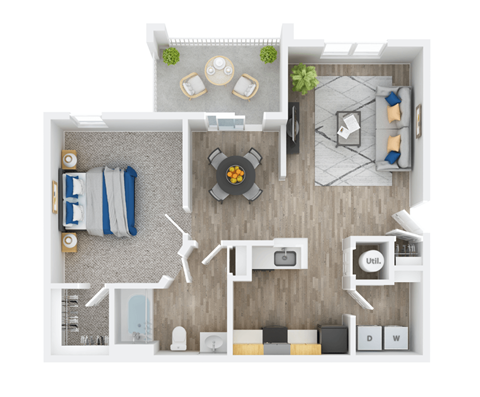 Floor plan for 1 bed, 1 bath, 833 sqft
