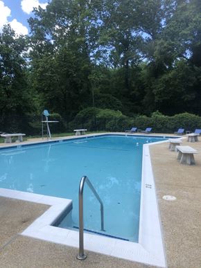 Riverdale townhouse for rent - A swimming pool surrounded by trees and benches.