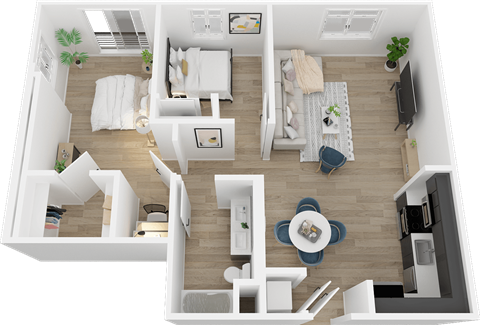 Floor plan for 2 beds, 1 bath, 1064 sqft
