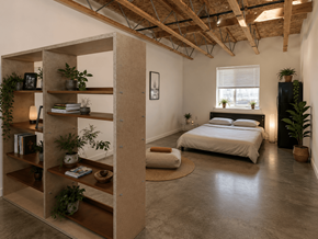 Sacramento apartment for rent - A bedroom with a bed, a shelf, and a rug.