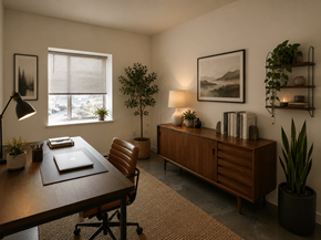 Sacramento apartment for rent - A modern home office with a wooden desk and a laptop on it.