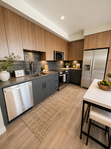 West Sacramento apartment for rent - A modern kitchen with wooden cabinets and a stainless steel refrigerator.