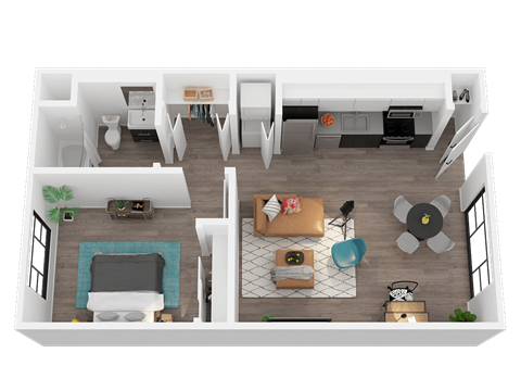 Floor plan for 1 bed, 1 bath, 697 sqft