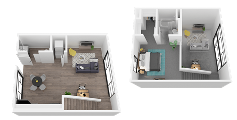 Floor plan for 1 bed, 1.5 baths, 718 sqft